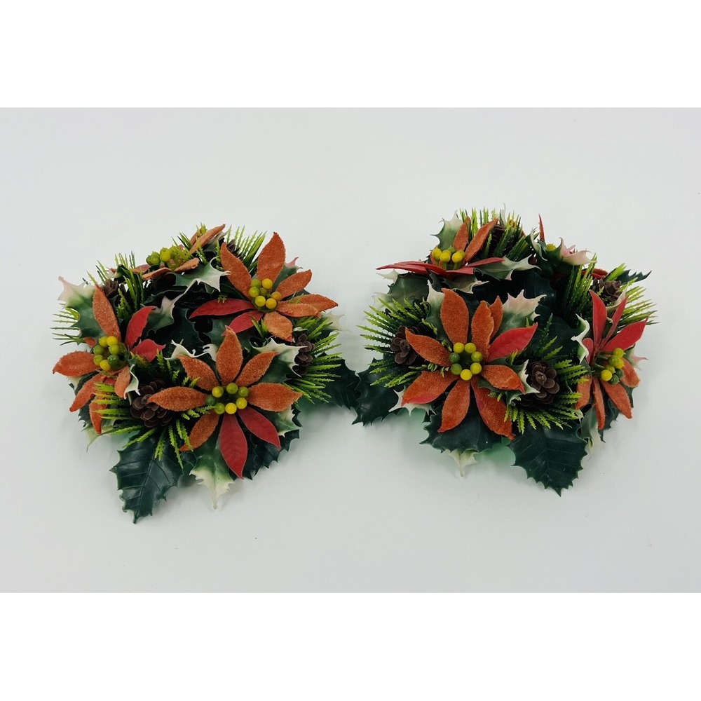 Vintage Retro Kitsch 60s Plastic Flocked Christmas Floral Candlestick Holders